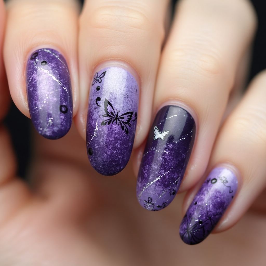 Purple Freehand Art Nail Design