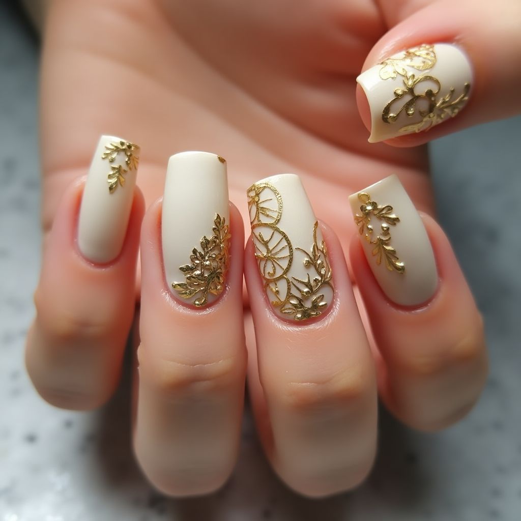 Gold Freehand Art Nail Design