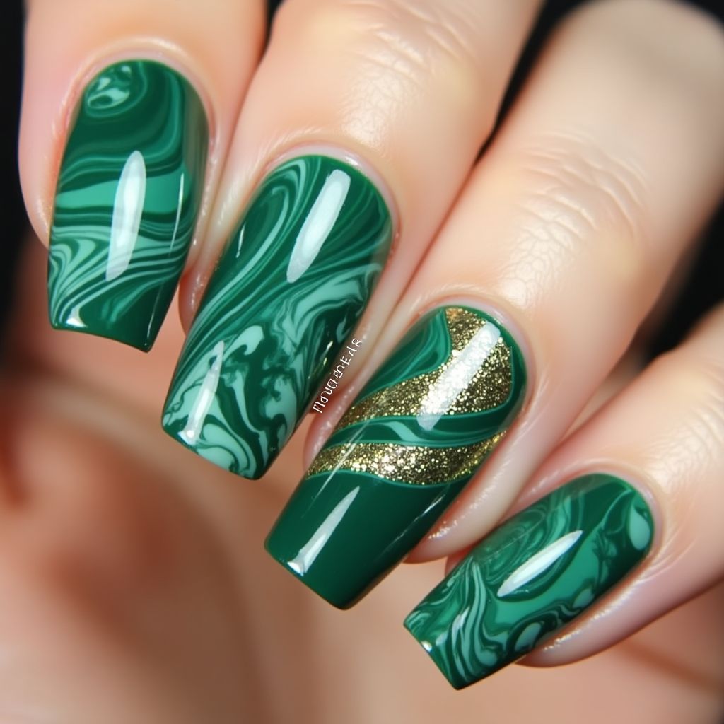 Emerald Green Water Marbling Nail Design