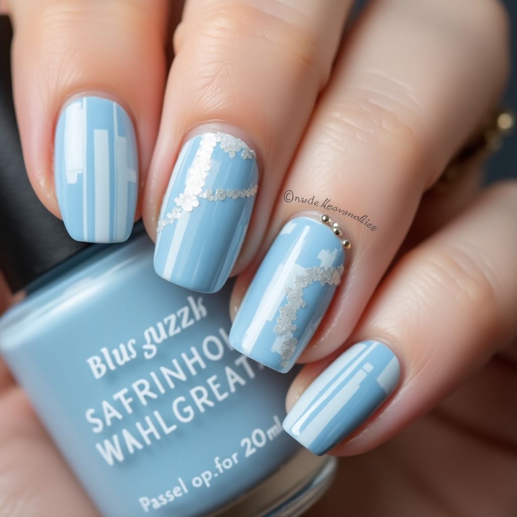 Pastel blue Stripes and lines Nail Design