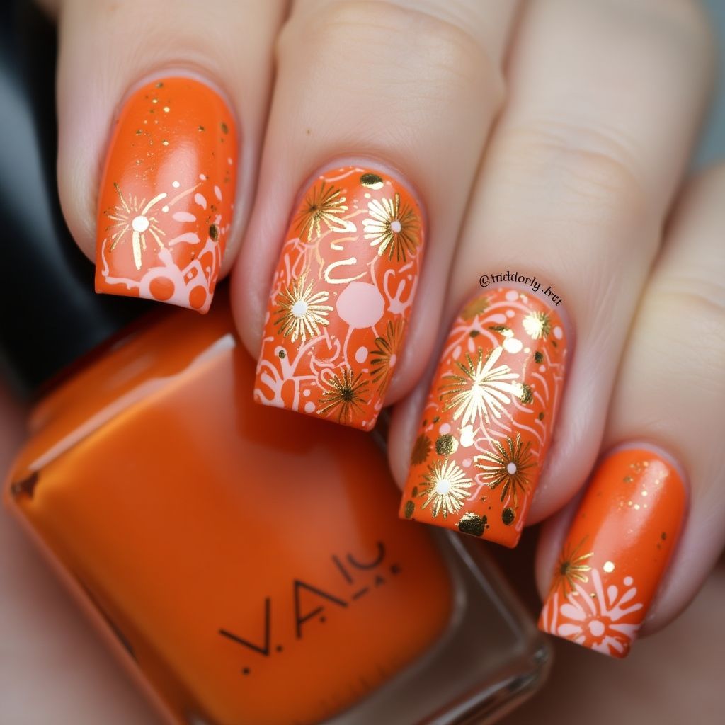 Orange Freehand Art Nail Design