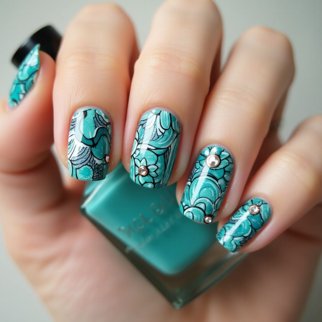 Teal Freehand Art Nail Design