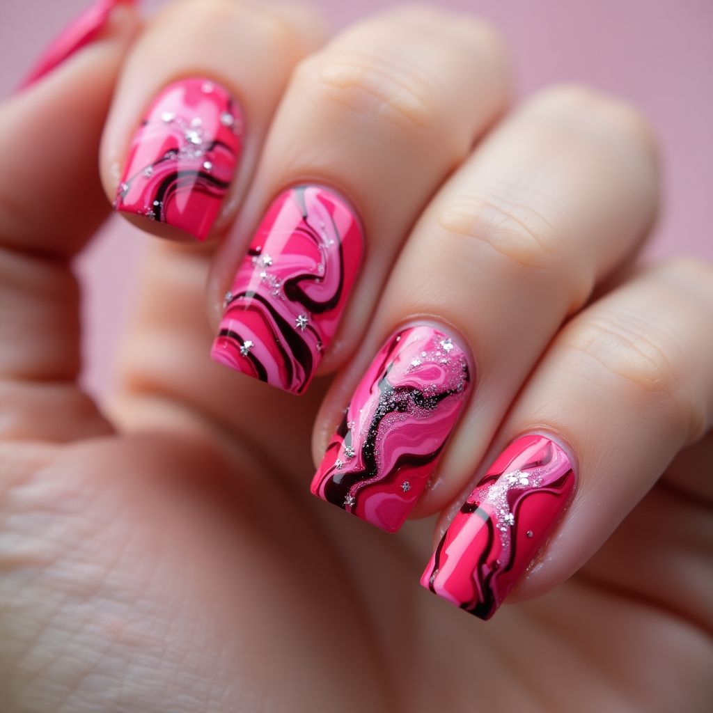 Hot Pink Water Marbling Nail Design