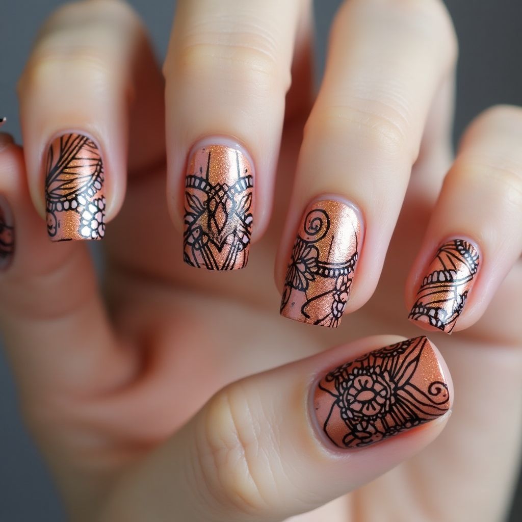 Copper Freehand Art Nail Design