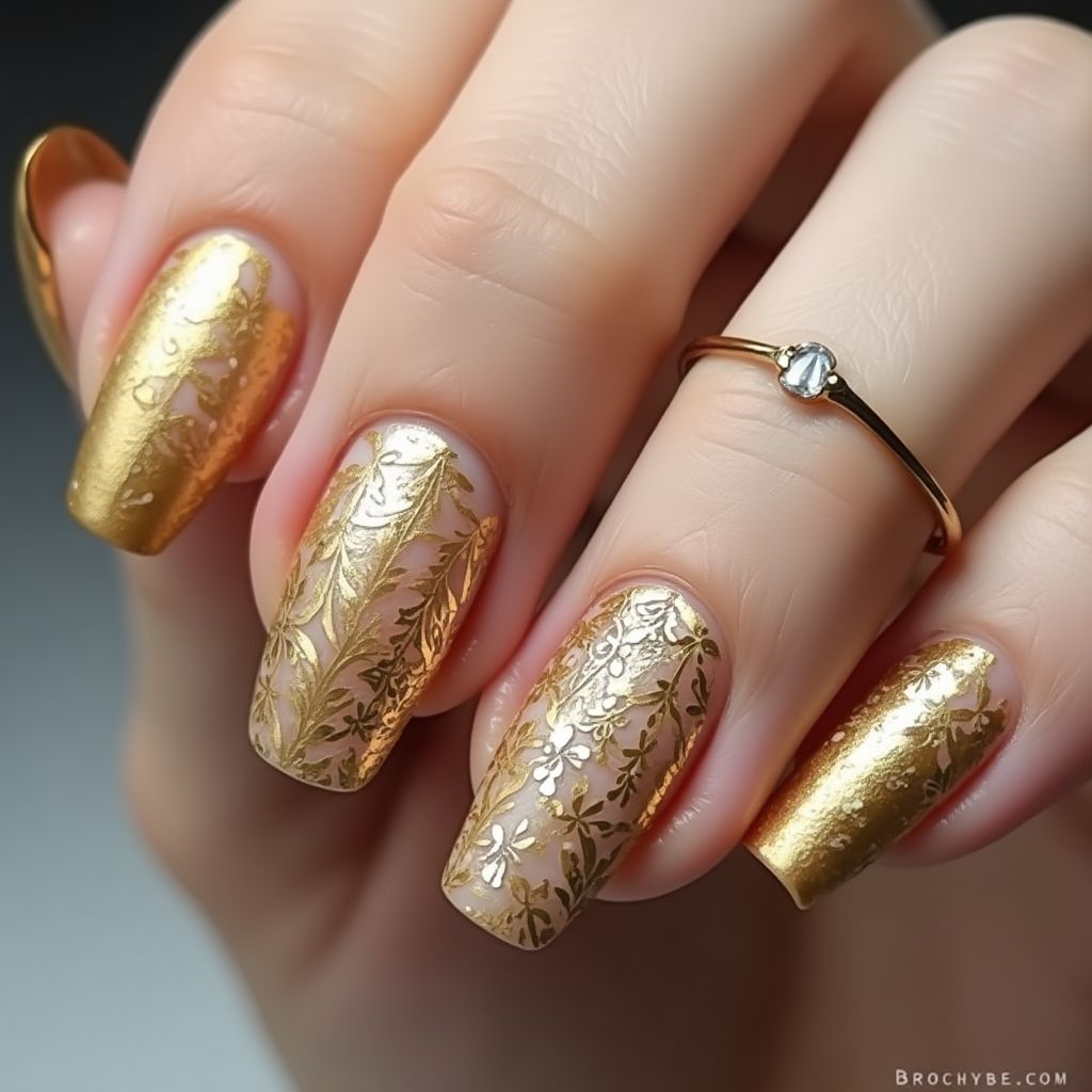 Gold Freehand art Nail Design