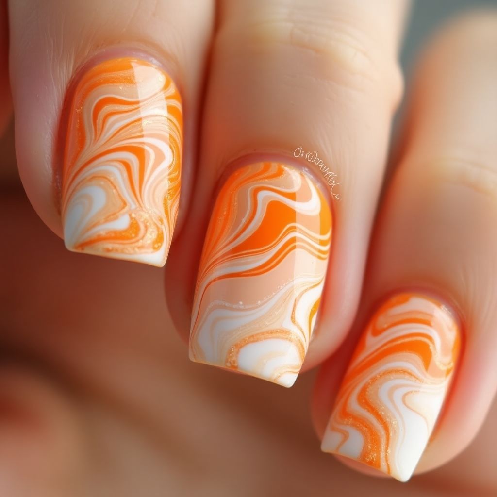 Orange Water Marbling Nail Design