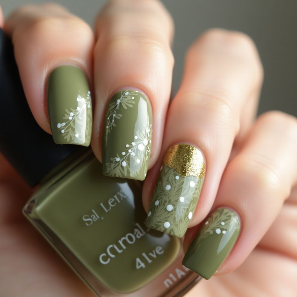 Olive Green Freehand Art Nail Design