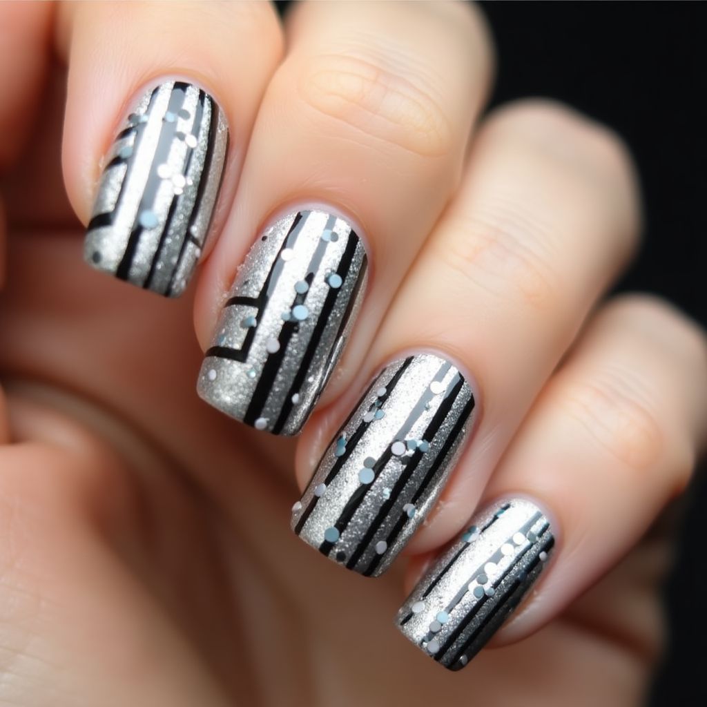 Silver Stripes And Lines Nail Design
