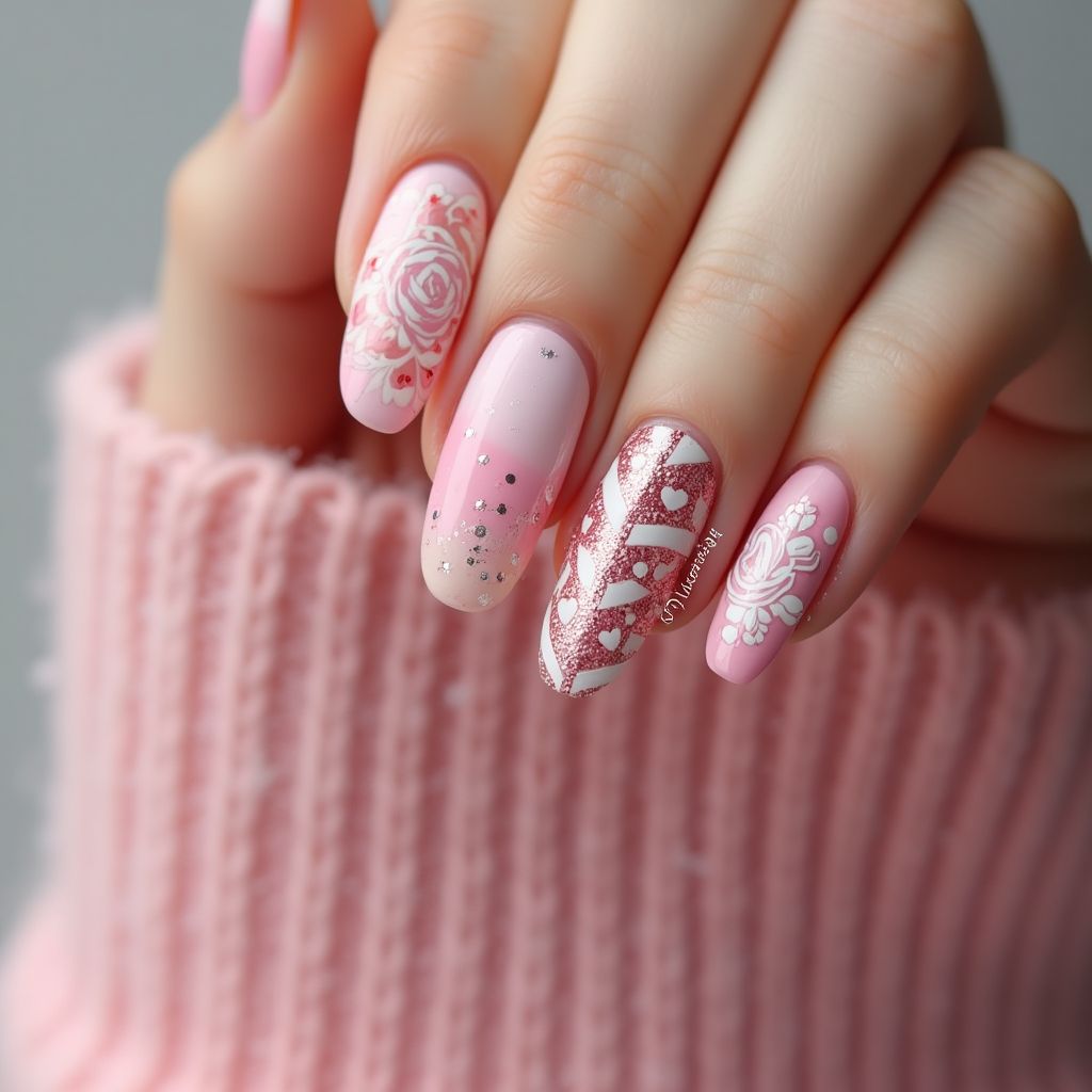 Pink Freehand Art Nail Design