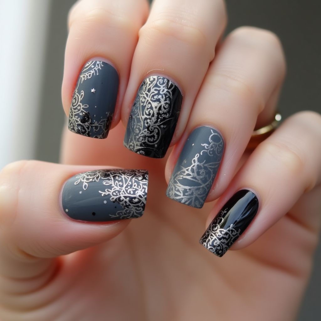 Charcoal gray Freehand art Nail Design