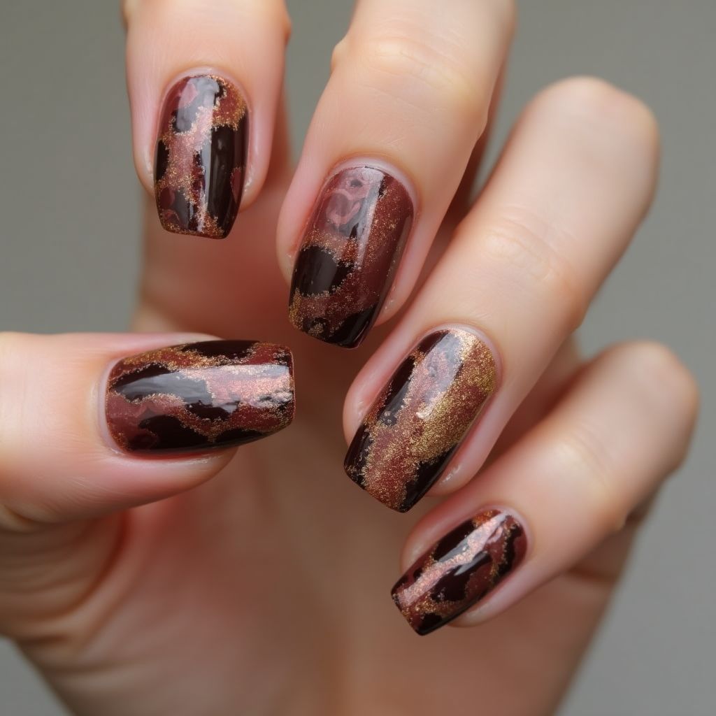 Chocolate Brown Water Marbling Nail Design