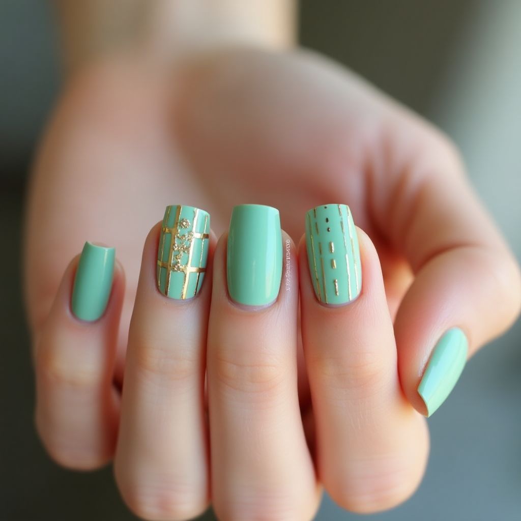 Mint Green Stripes And Lines Nail Design