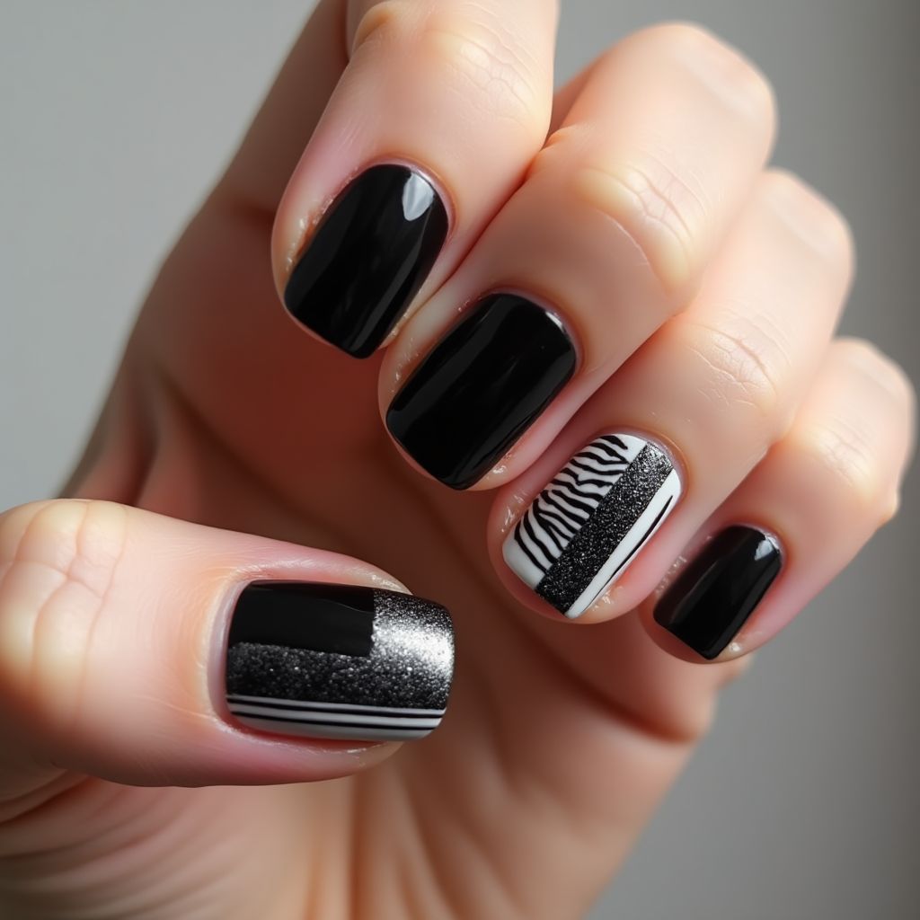 Black Stripes And Lines Nail Design