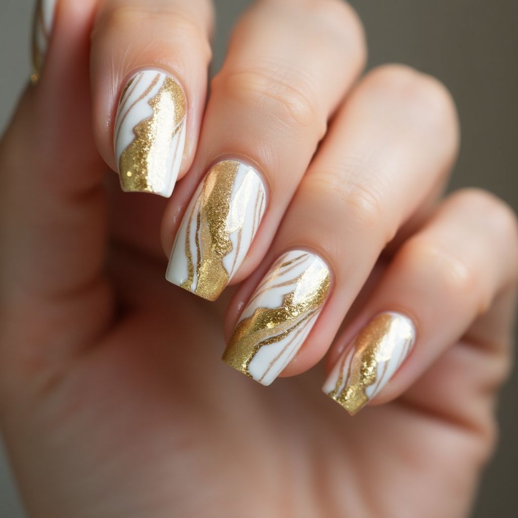 Gold Water Marbling Nail Design