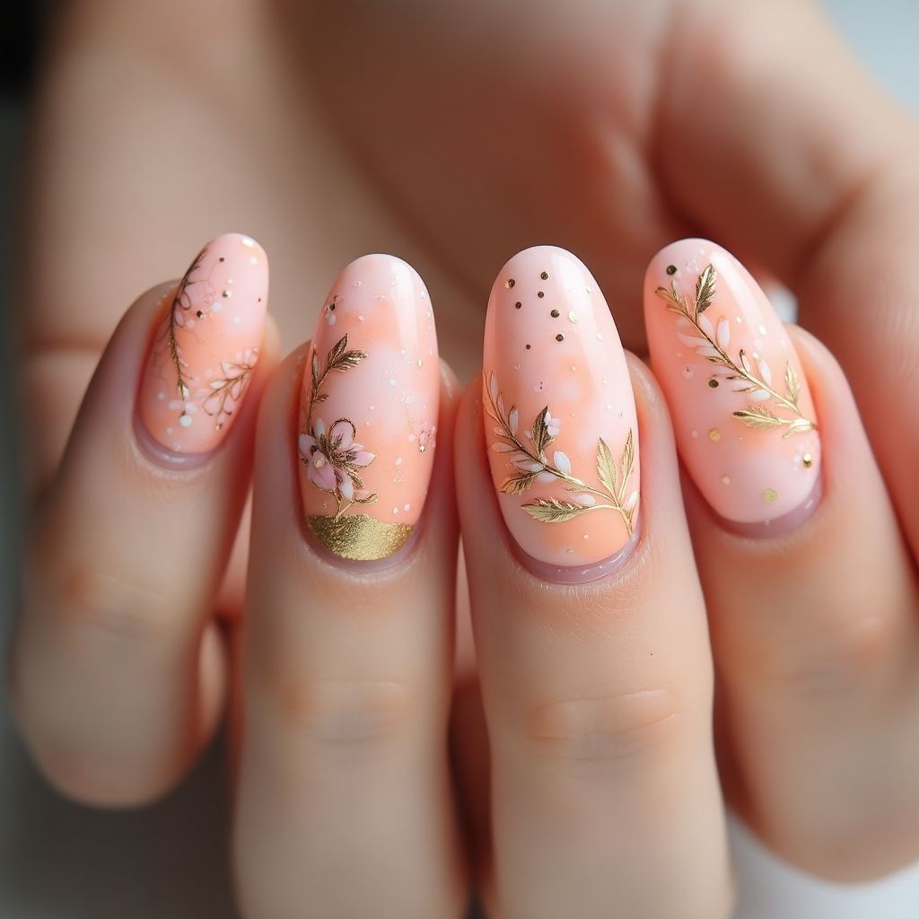 Peach Freehand Art Nail Design