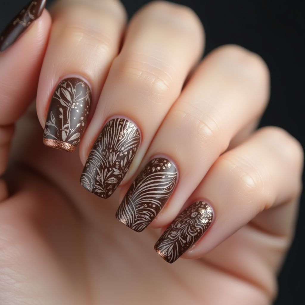 Chocolate Brown Freehand Art Nail Design