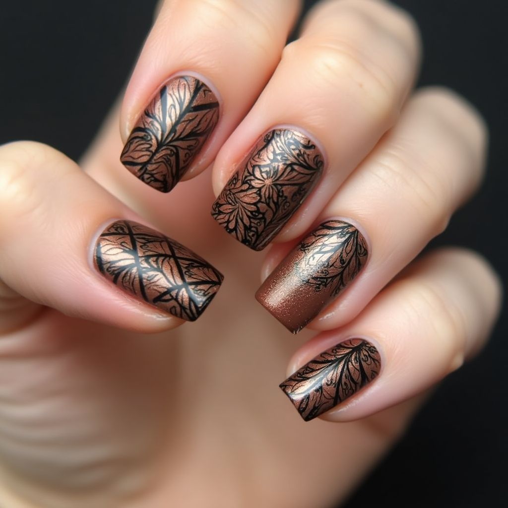 Bronze Freehand Art Nail Design