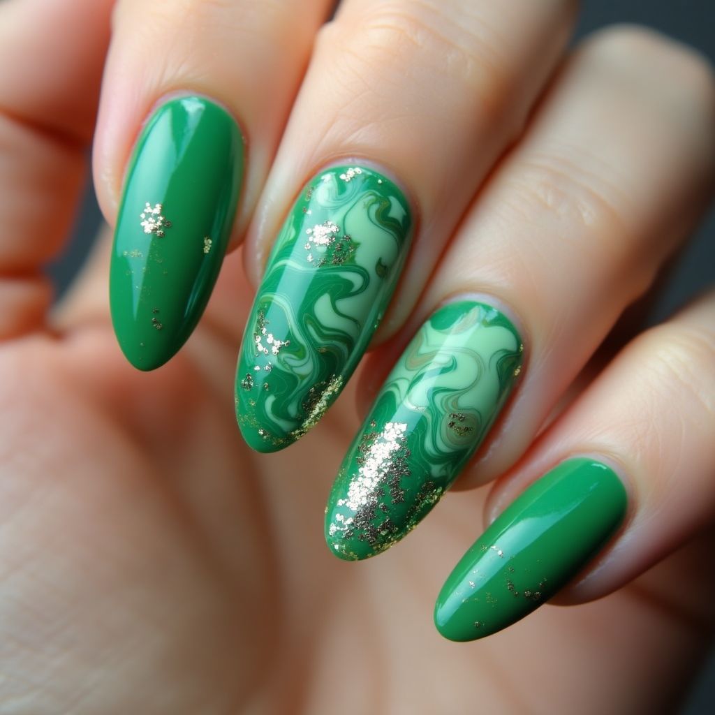 Green Water Marbling Nail Design