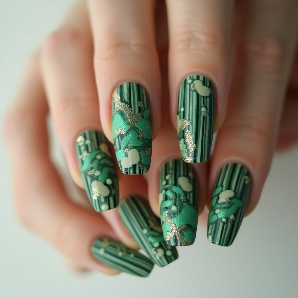 Green Stripes And Lines Nail Design