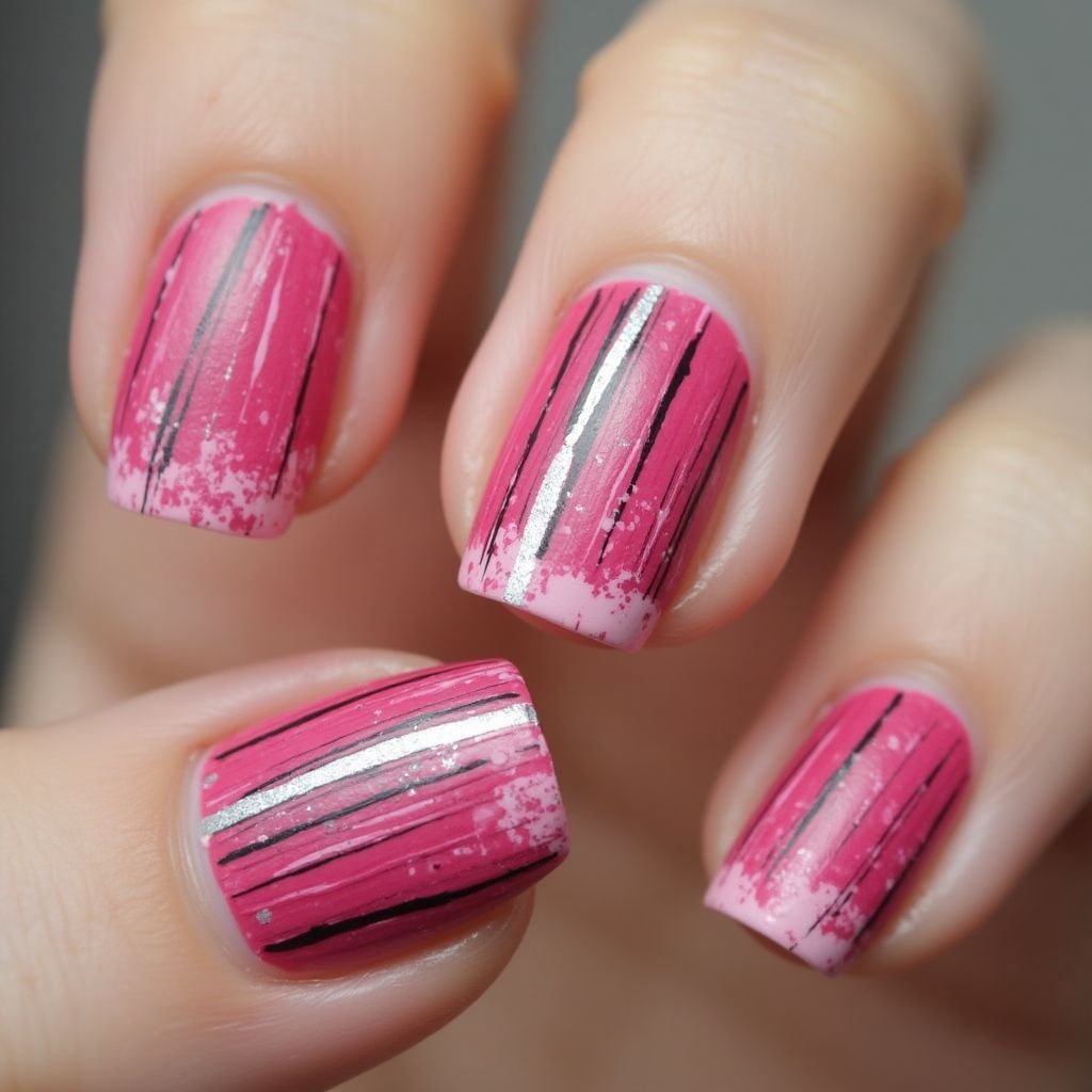 Fuchsia Stripes And Lines Nail Design