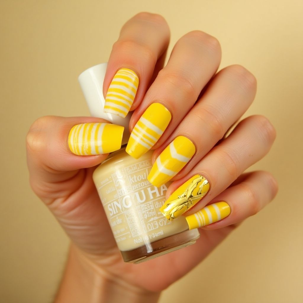 Yellow Stripes And Lines Nail Design