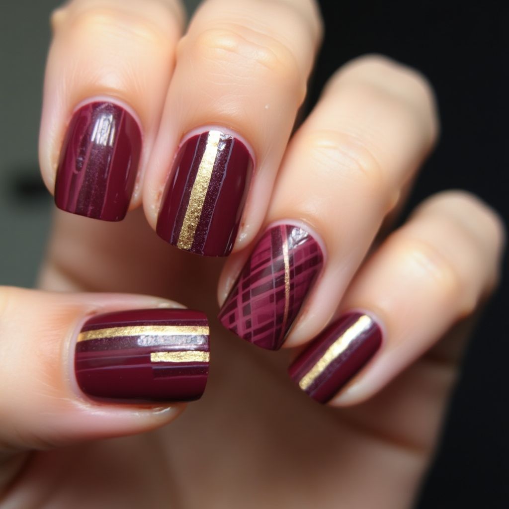 Wine Stripes And Lines Nail Design