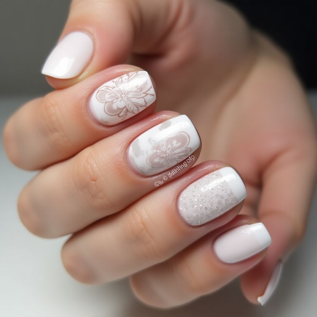White Freehand Art Nail Design