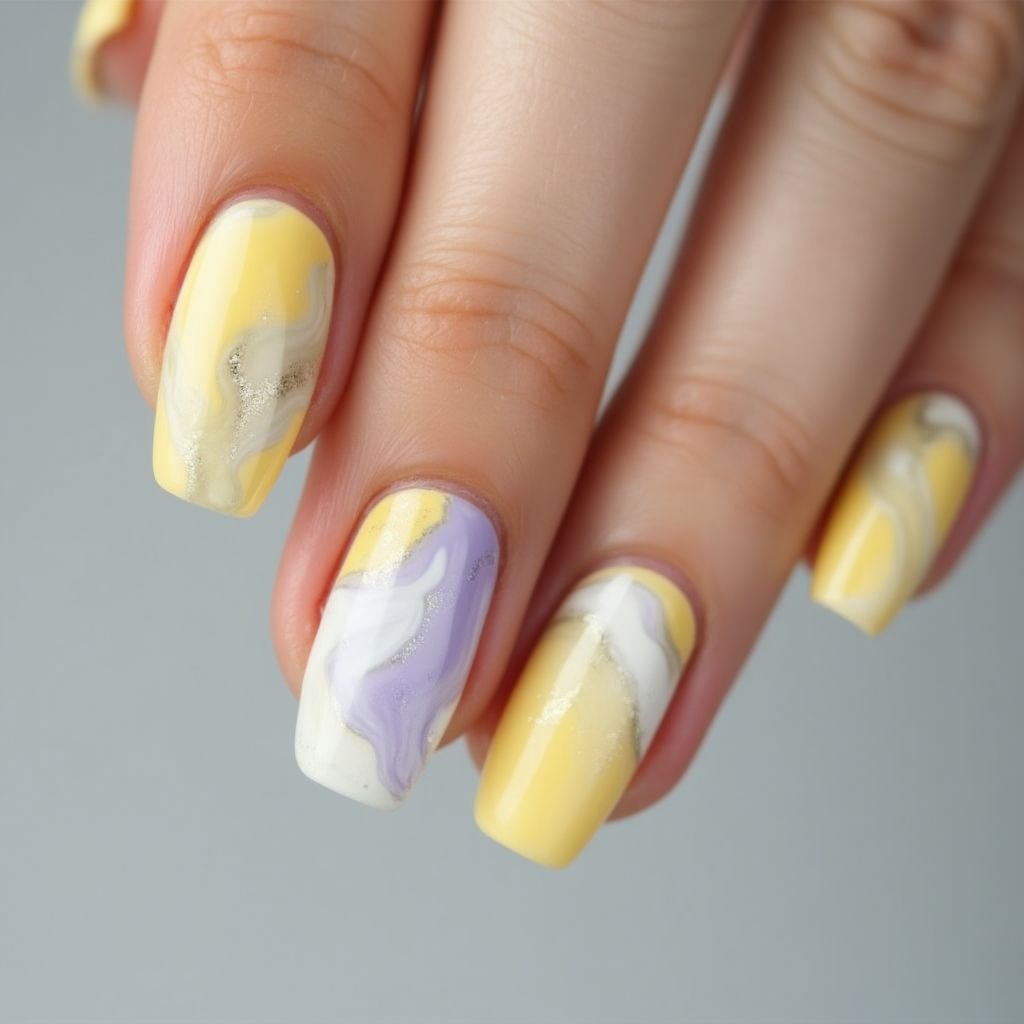 Pastel Yellow Water Marbling Nail Design