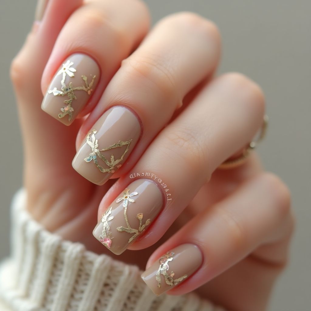 Tan Freehand Art Nail Design