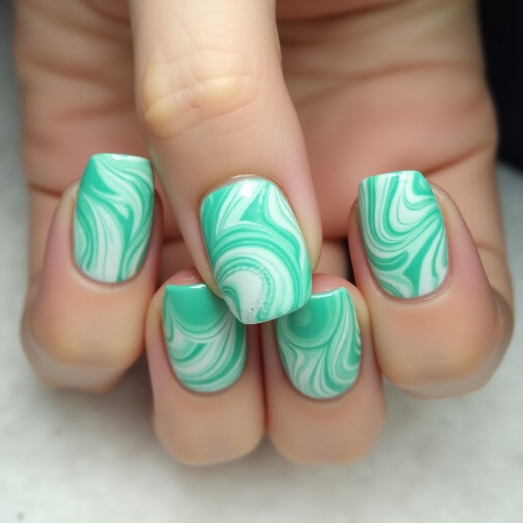 Mint Green Water Marbling Nail Design