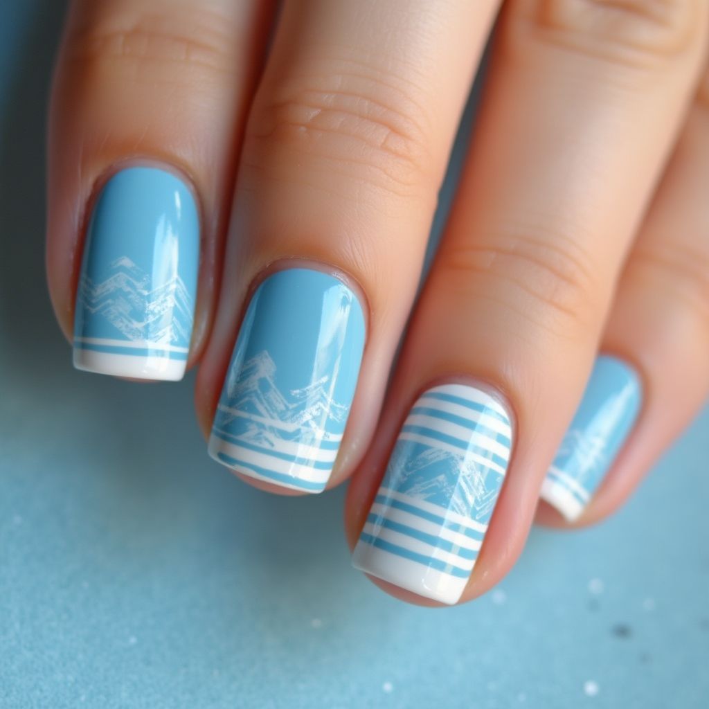 Sky Blue Stripes And Lines Nail Design
