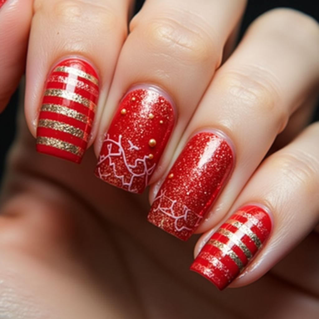 Red Stripes And Lines Nail Design
