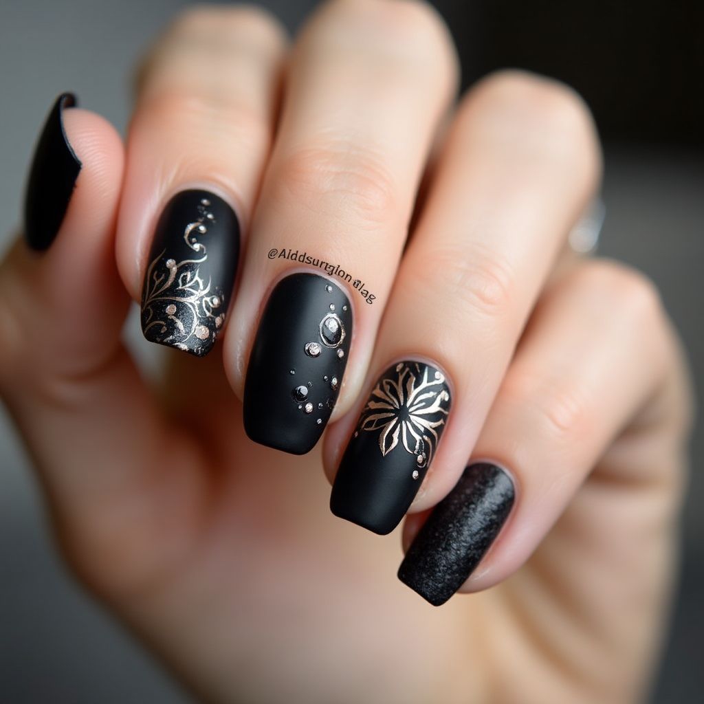 Black Freehand Art Nail Design