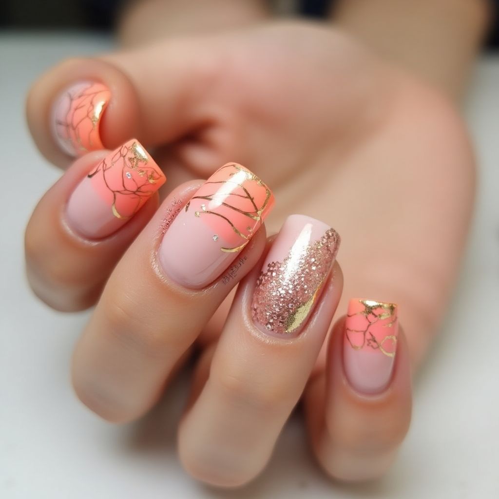 Peach Freehand Art Nail Design