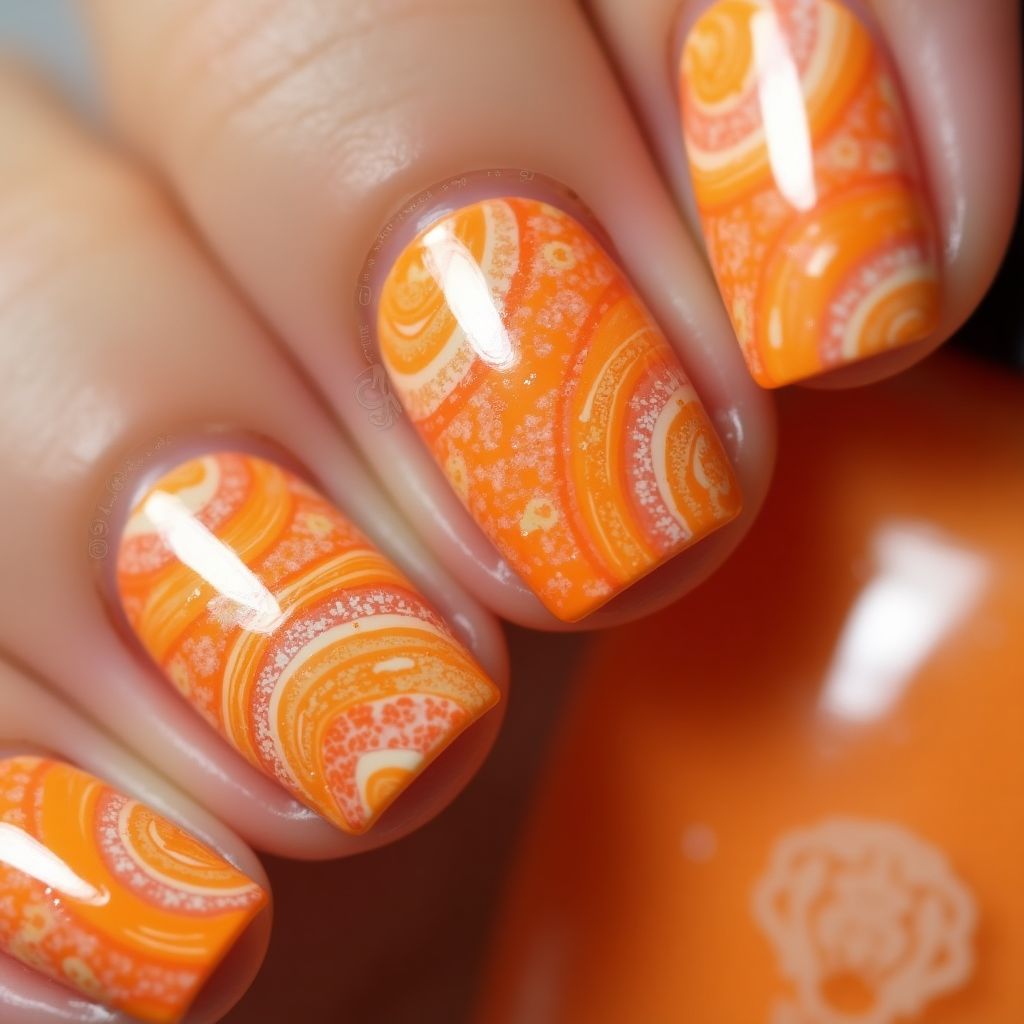 Orange Water Marbling Nail Design