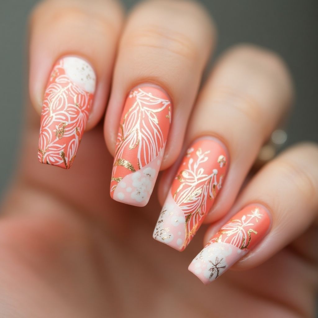Coral Freehand Art Nail Design