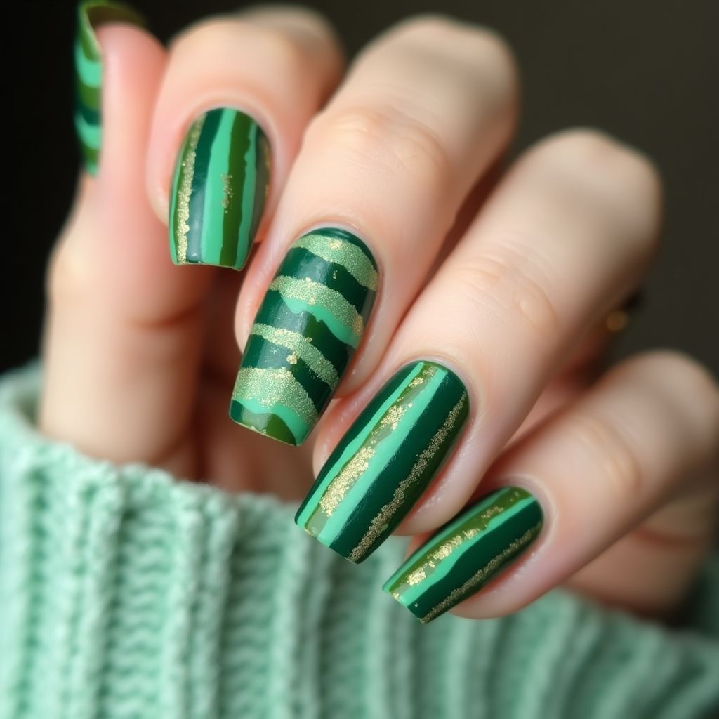 Green Stripes And Lines Nail Design