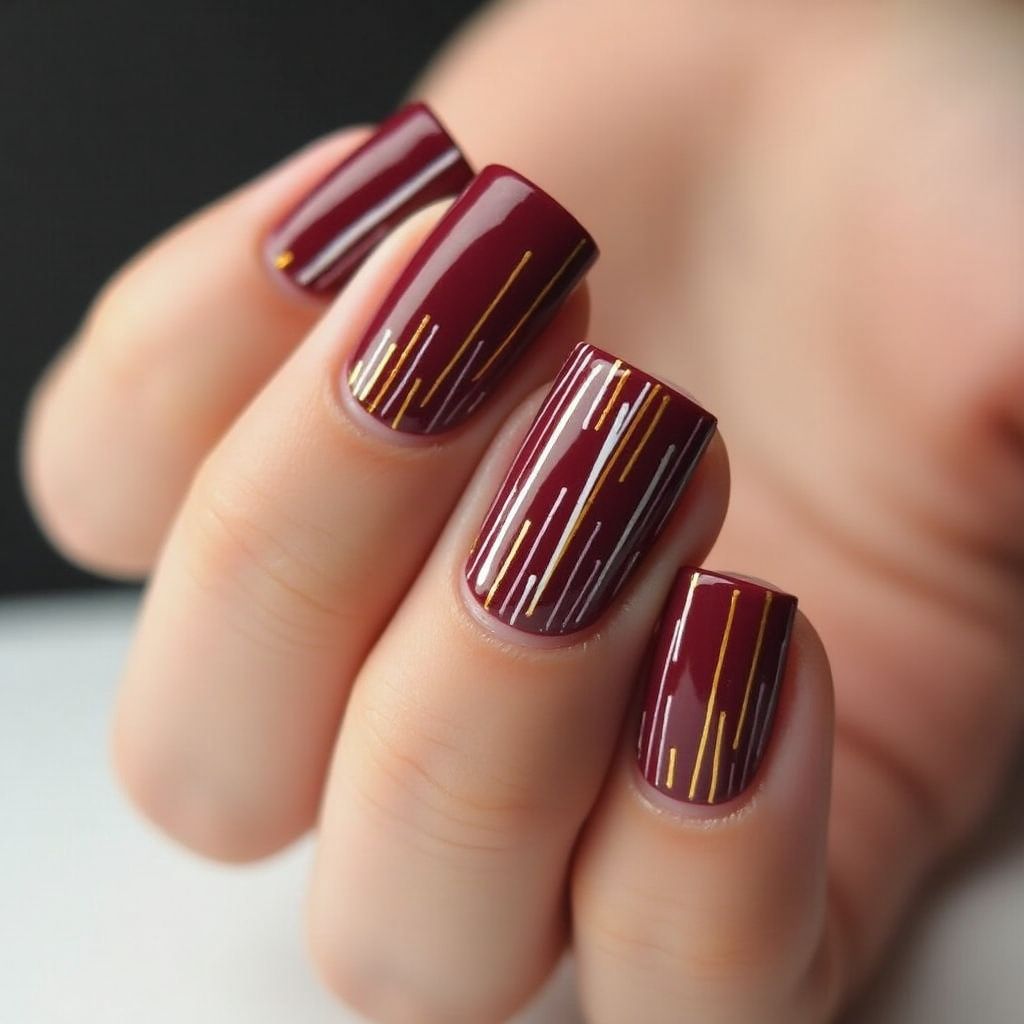 Burgundy Stripes And Lines Nail Design