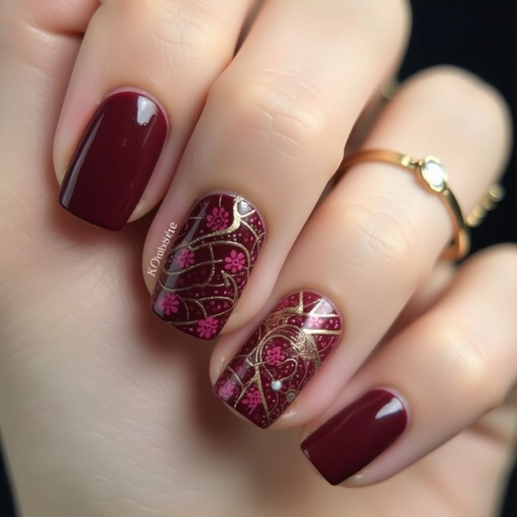 Burgundy Freehand Art Nail Design