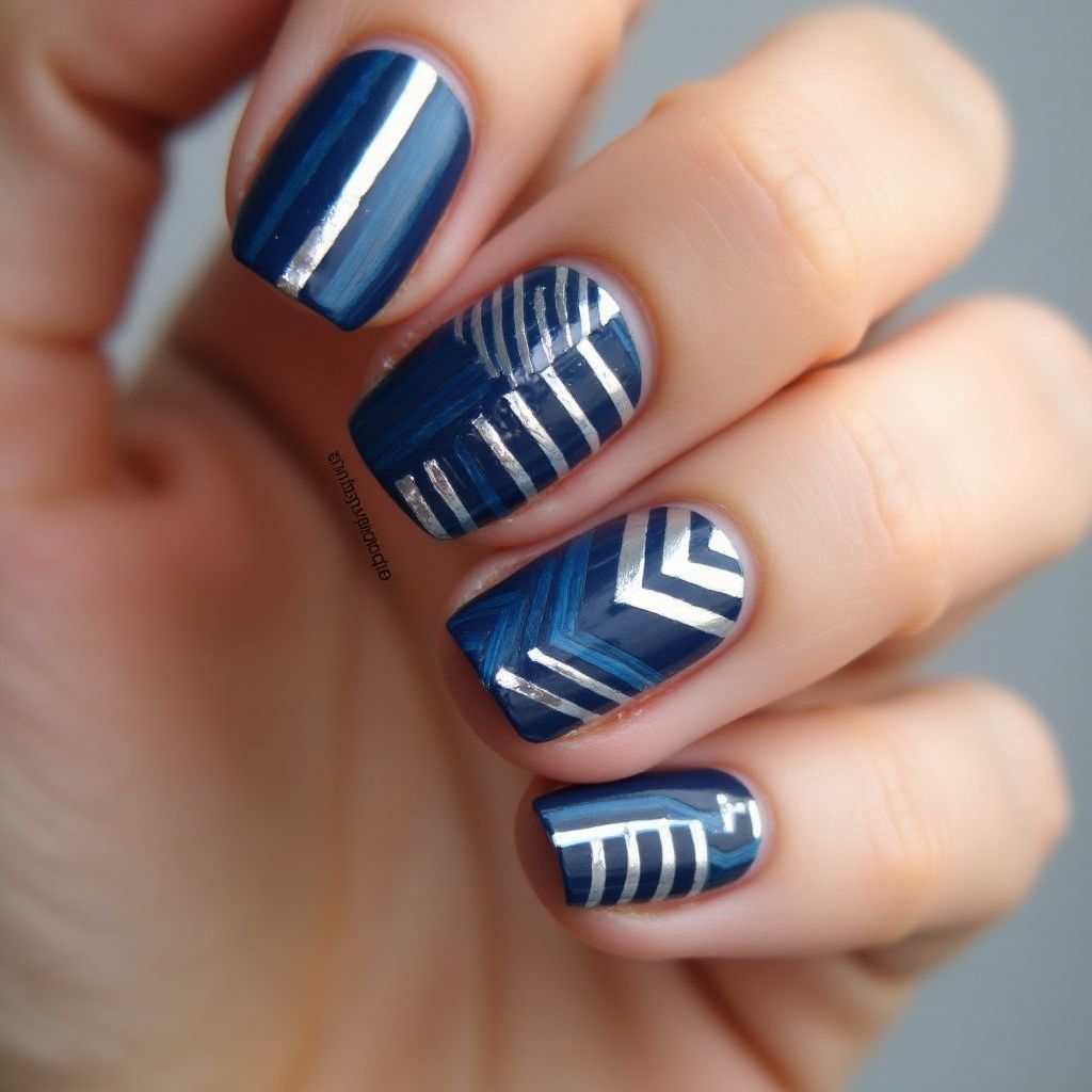 Navy Blue Stripes And Lines Nail Design