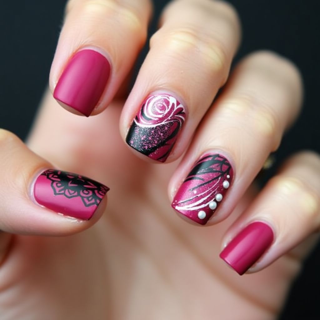 Fuchsia Freehand Art Nail Design