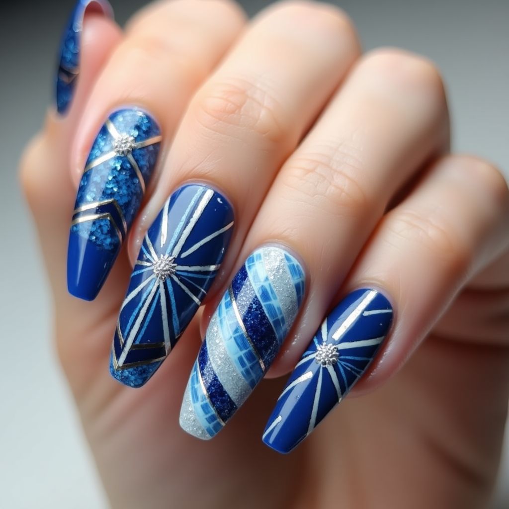 Blue Stripes And Lines Nail Design