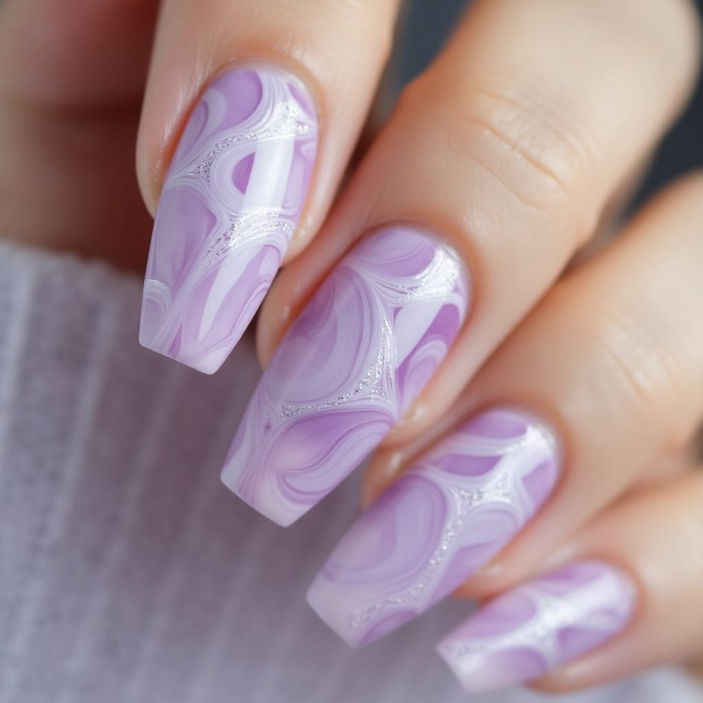 Lilac Water Marbling Nail Design