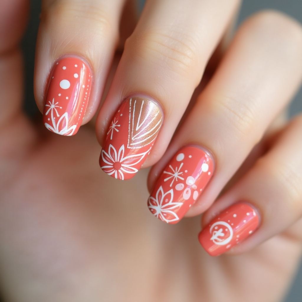 Coral Freehand Art Nail Design