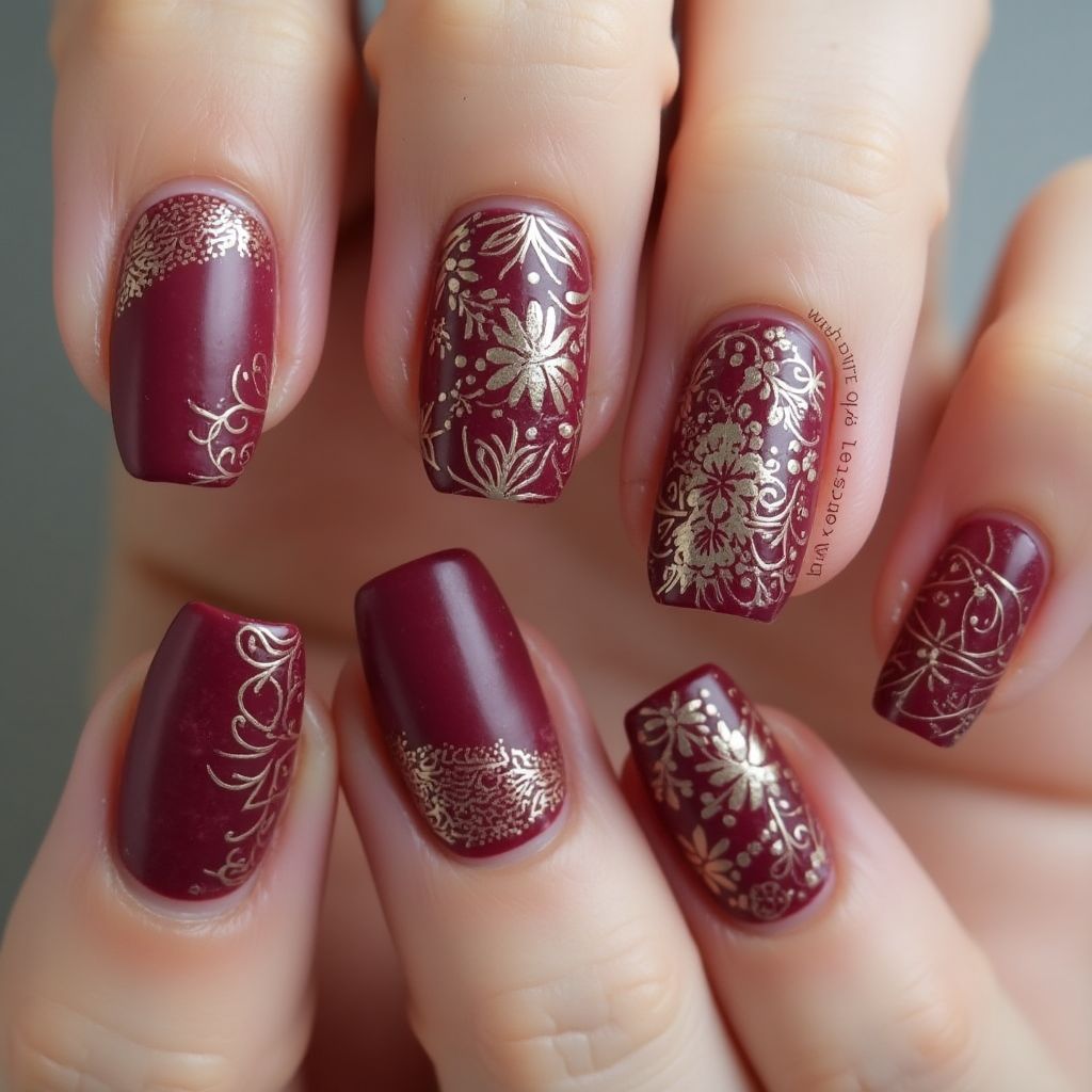 Burgundy Freehand Art Nail Design