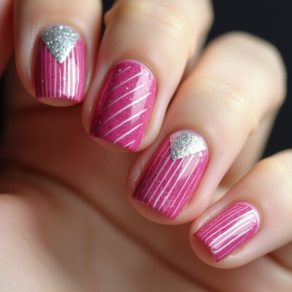 Hot Pink Stripes And Lines Nail Design