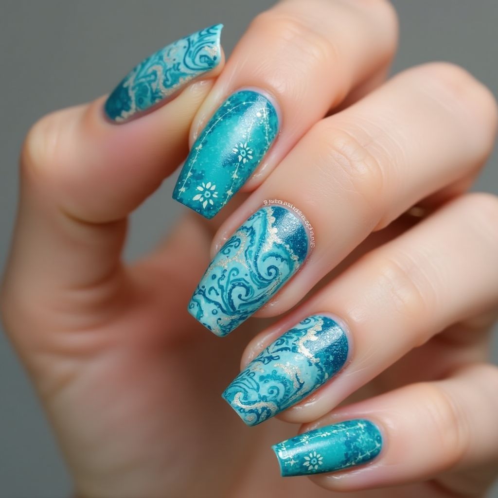 Turquoise Freehand Art Nail Design