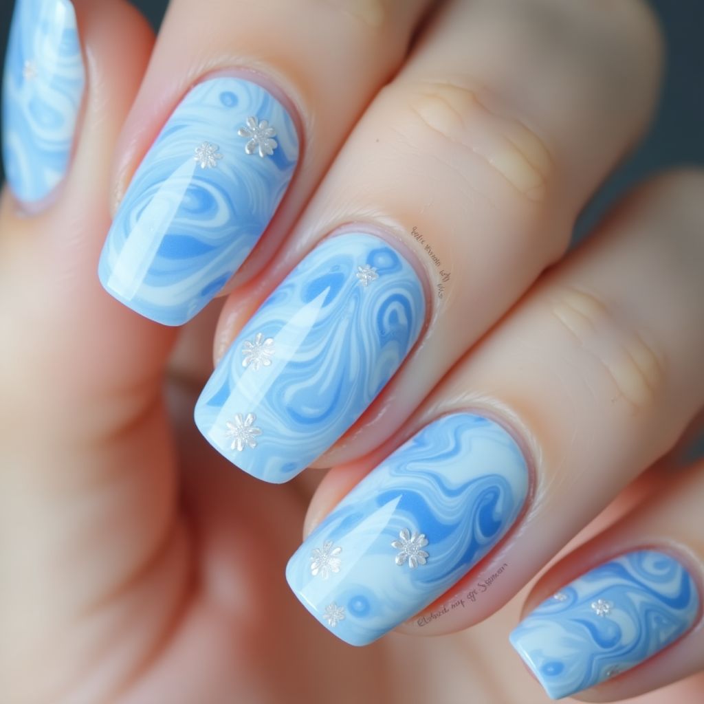 Pastel Blue Water Marbling Nail Design
