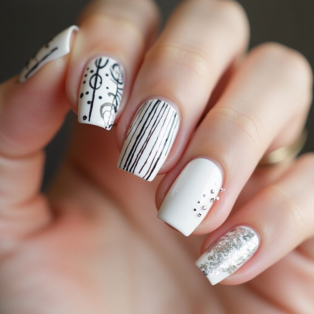 White Stripes And Lines Nail Design