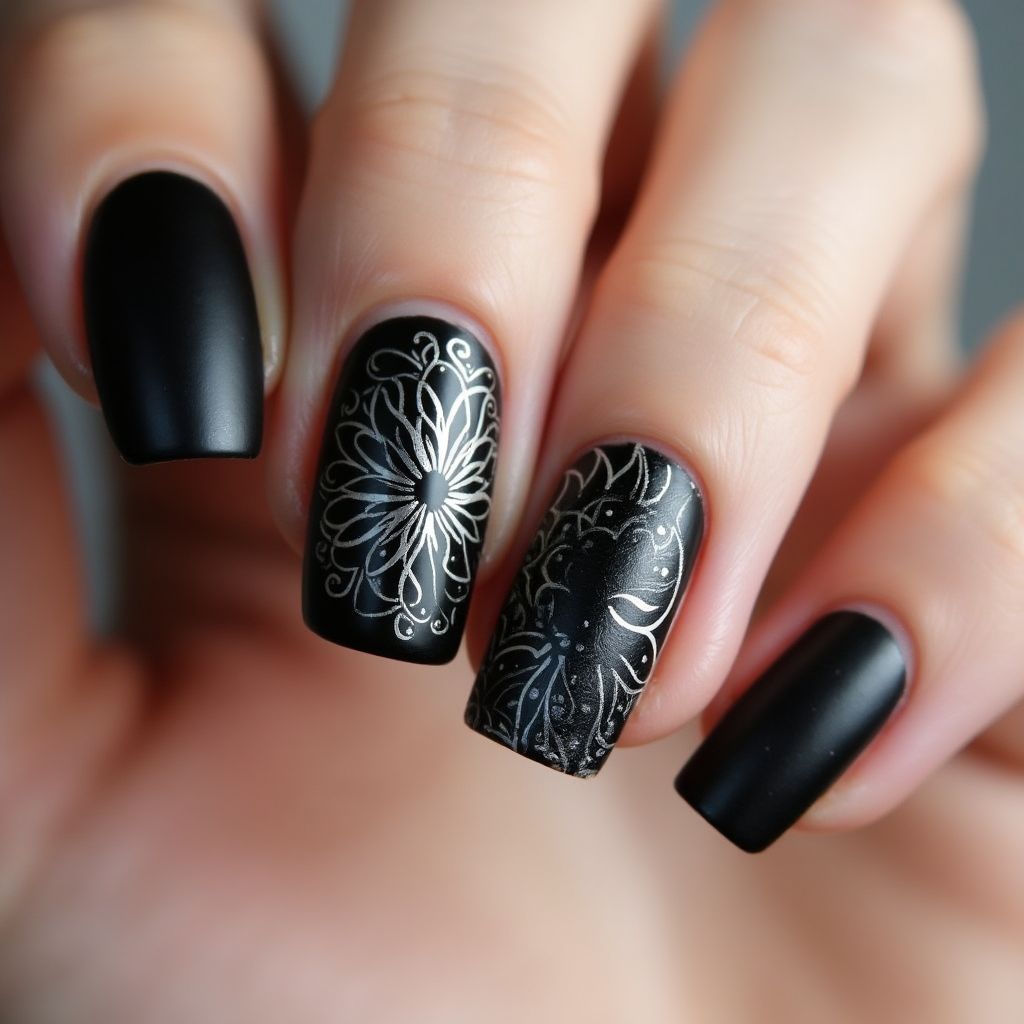 Black Freehand art Nail Design